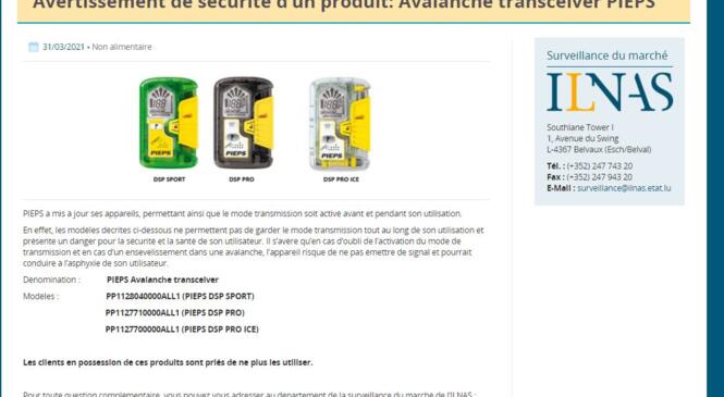 Avertissement de sécurité d’un produit: Avalanche transceiver PIEPS image article